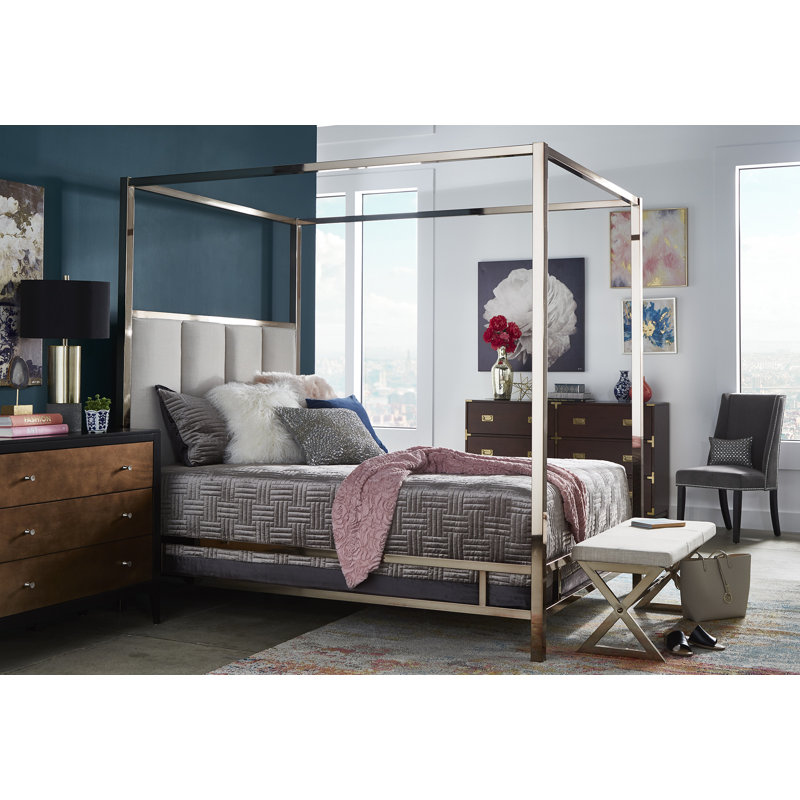 Jenin Upholstered Metal Canopy Bed, Queen, Champagne Gold/White