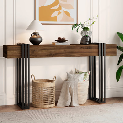 63 Inch Console Table For Entryway, Industrial Sofa Tables Couch Table Behind Sofa For Living Room Hallway Foyer, Walnut