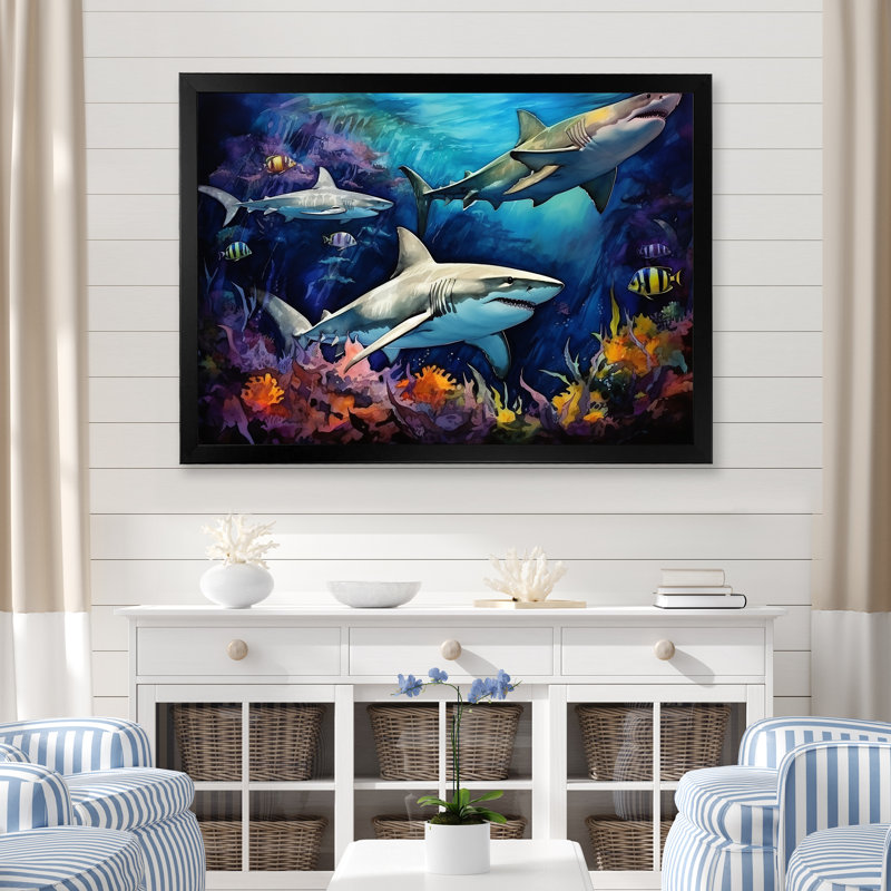 Shark Haven Under Water Painting - Shark Wall Art, 12" H x 20" W x 1" D, Black Single Picture Framed