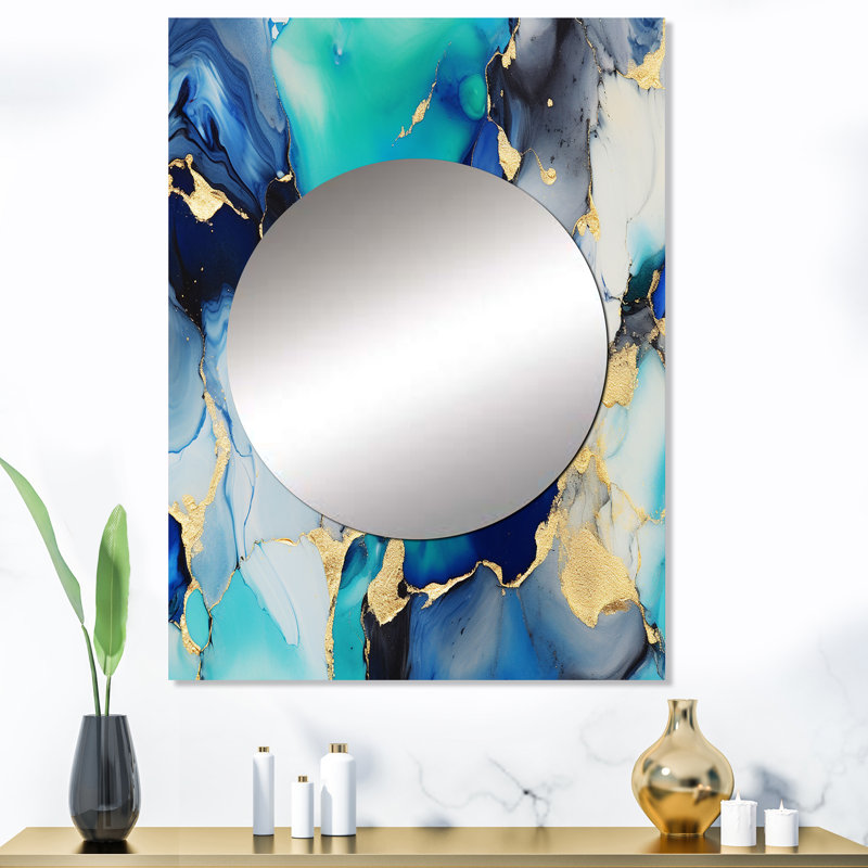 Hermoth bleu et or abstrait abstrait de luxe fluide X - fractales miroir, miroir mural moderne, impression sur métal
