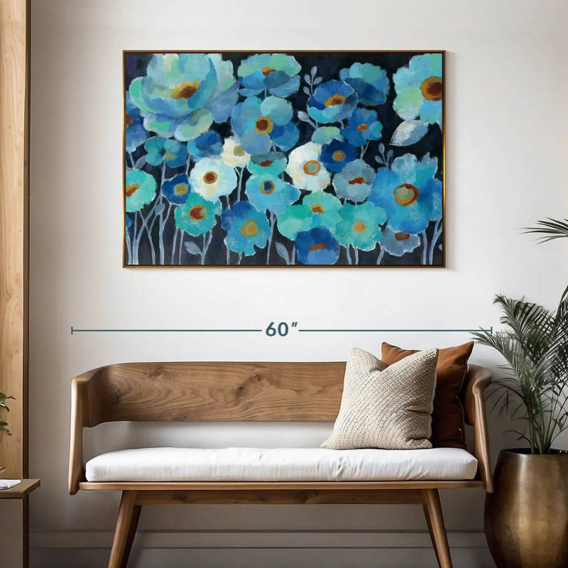 Fleurs indigo, 25 po x 17 po, Cadre flottant doré