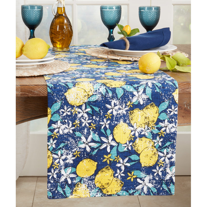 Navy Blue Cotton Lemon Design Table Runner 14 x 72 in