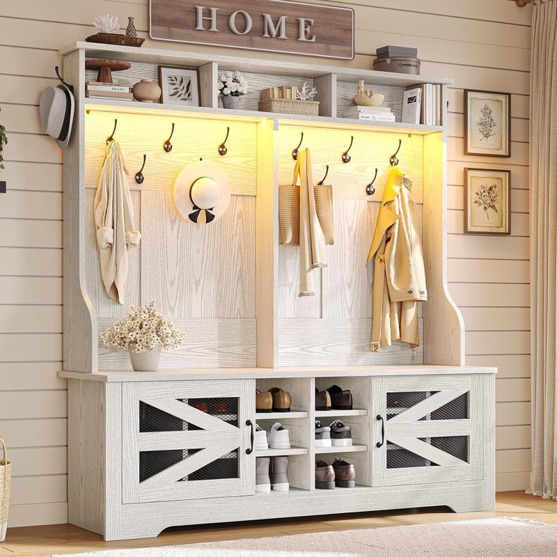 Hall Tree With Bench And Shoe Storage, 5-In-1 Entryway Bench With Coat Rack, Embossed White