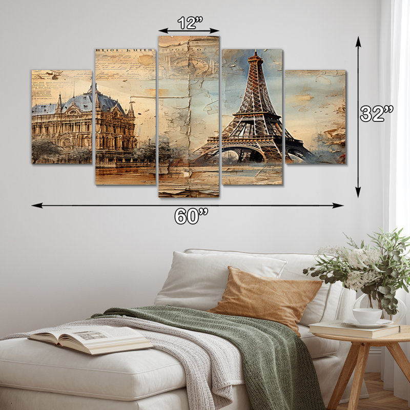«Paris Nostalgia Vintage Collage - City Paris», reproduction sur toile - 5 panneaux