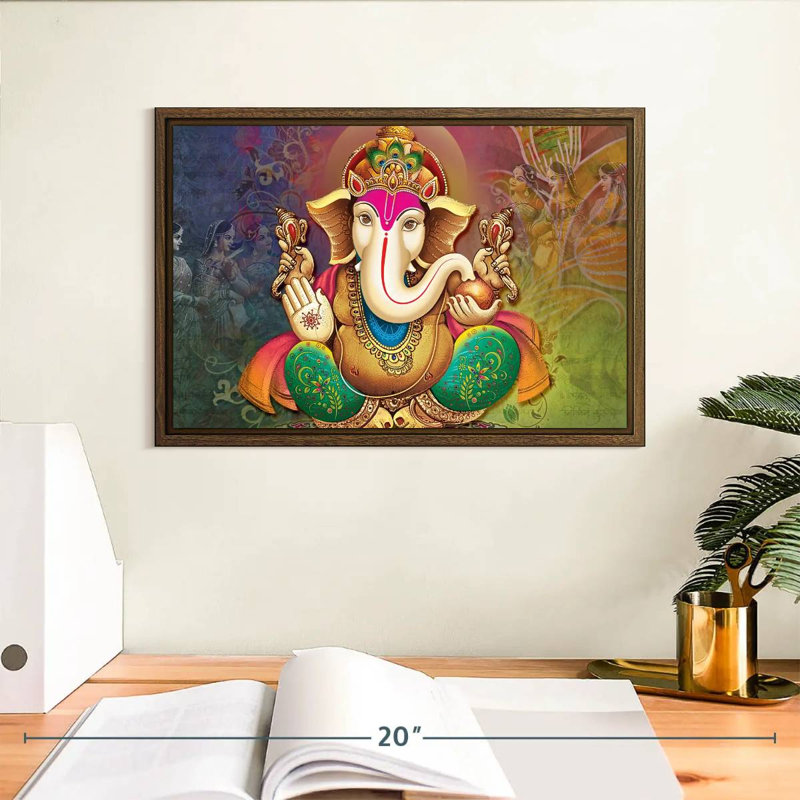 Divinité indienne Ganesh, 13 po x 9 po, Cadre flottant noyer