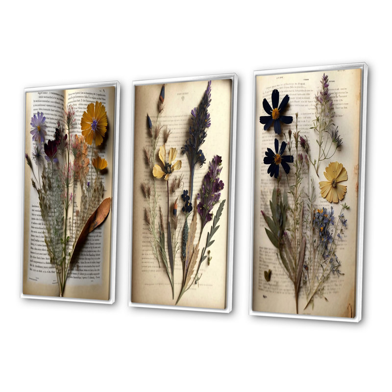 «Dried Vintage Wildflowers III», 3 pièces sur toile, Cadre flottant blanc, H 32 po x l 48 po