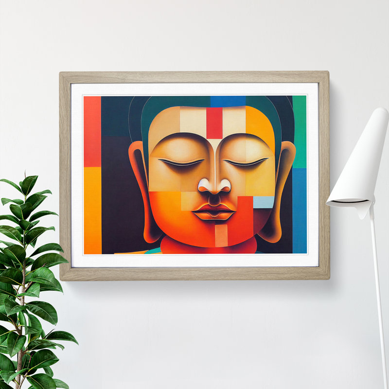 XH1022-6066X Modern Buddha Abstract 1 Piece Single Picture Frame Wall Art, 34cm H x 46cm W x 2cm D, Oak