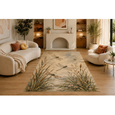 "Ultra Lightweight" 5'x7' Dragonfly Garden Area Rug, Soft Low Pile Non-Slip Indoor Carpet for Living Room, Bedroom, Office, Sunroom and Botanical Nature Home Decor, Beige