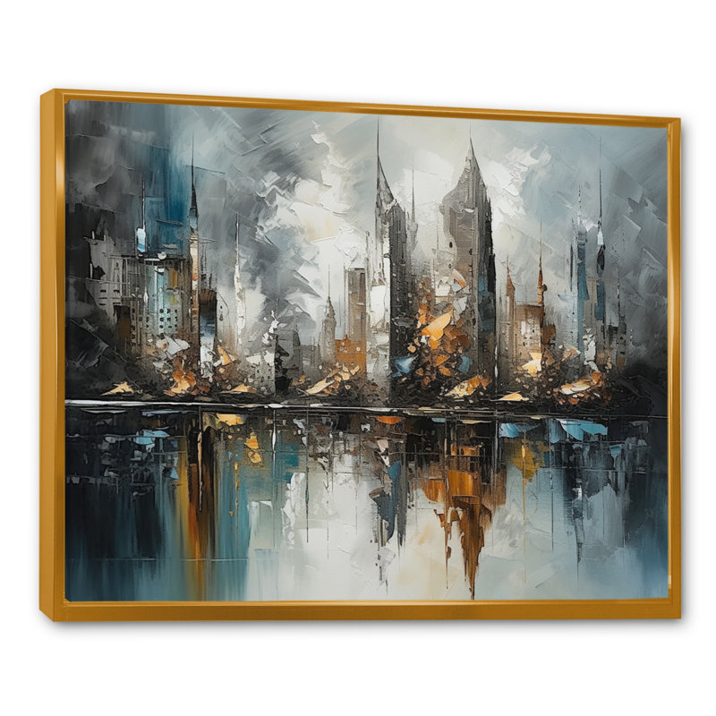Abstract City Skyline4 - Décoration murale ville, H 12 po x l 20 po x P 1 po, Cadre flottant doré