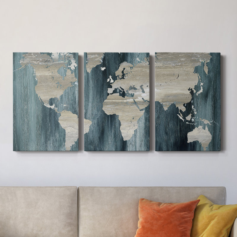 Carte du monde marine - toile tendue avec châssis de qualité supérieure - prête à être accrochée, H 12 po x l 24 po x P 1 po