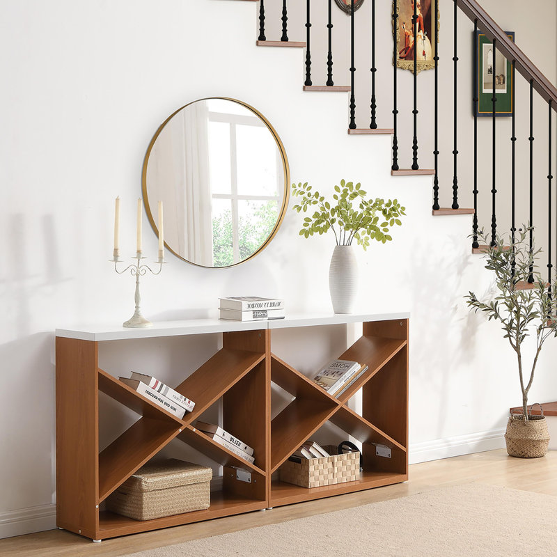 70.8''L Detachable X Shape Console Table Extra Long Table With Storage For Home, White, Brown