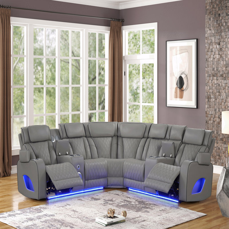 Modern Style Power Recliner Sectional Sofa With Bluetooth Speaker And With LED Light Made With Wood And Metal, With Massage Function Function