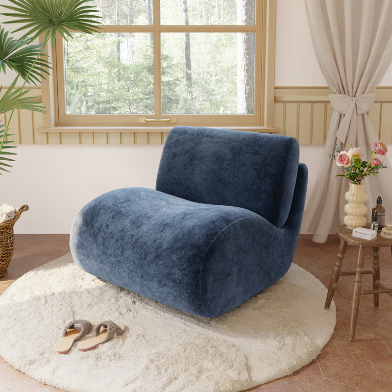 Caleb Swivel Upholstered Accent Chair with Removable Back Cushion, Navy Chenille/Foam Padding
