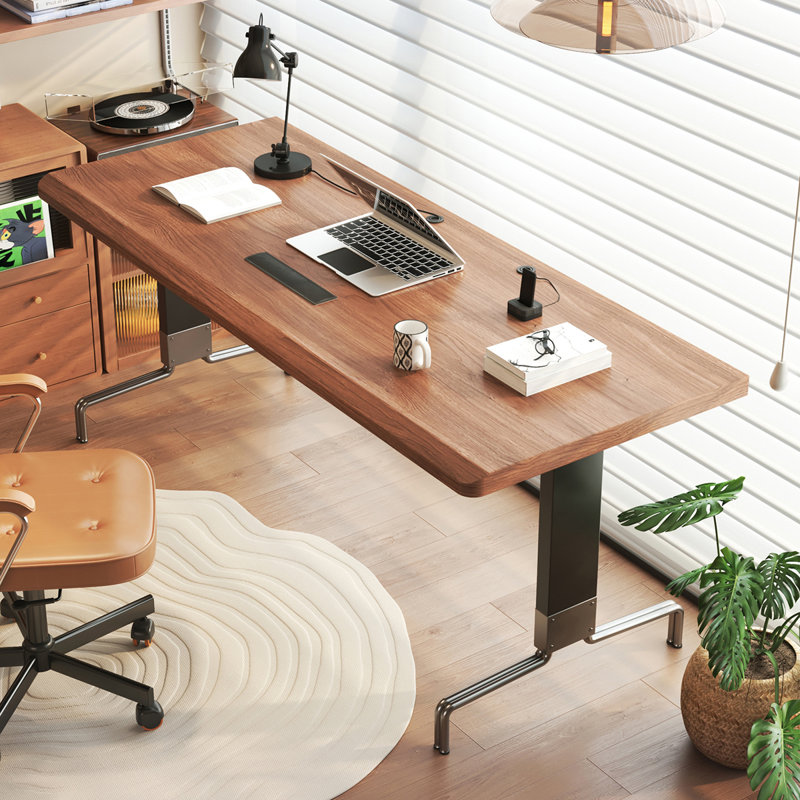 Bureau rectangulaire en bois massif noisette + noir + argent + acier inoxydable, H 29,53 po x l 62,99 po x P 27,56 po