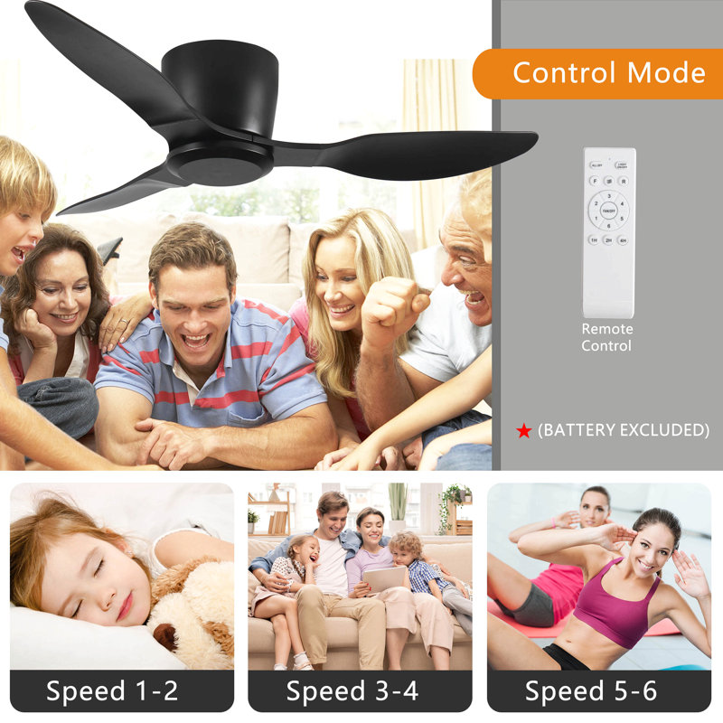 Ventilateur de plafond encastré sans lumière, 3 pales réversibles, avec moteur à courant continu réversible à 6 vitesses, ventilateur de plafond à profil bas sans lumière pour le salon