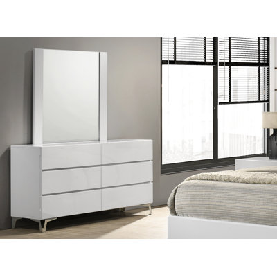 La Rochelle 55" White Modern 6 Drawer Dresser & Mirror Set