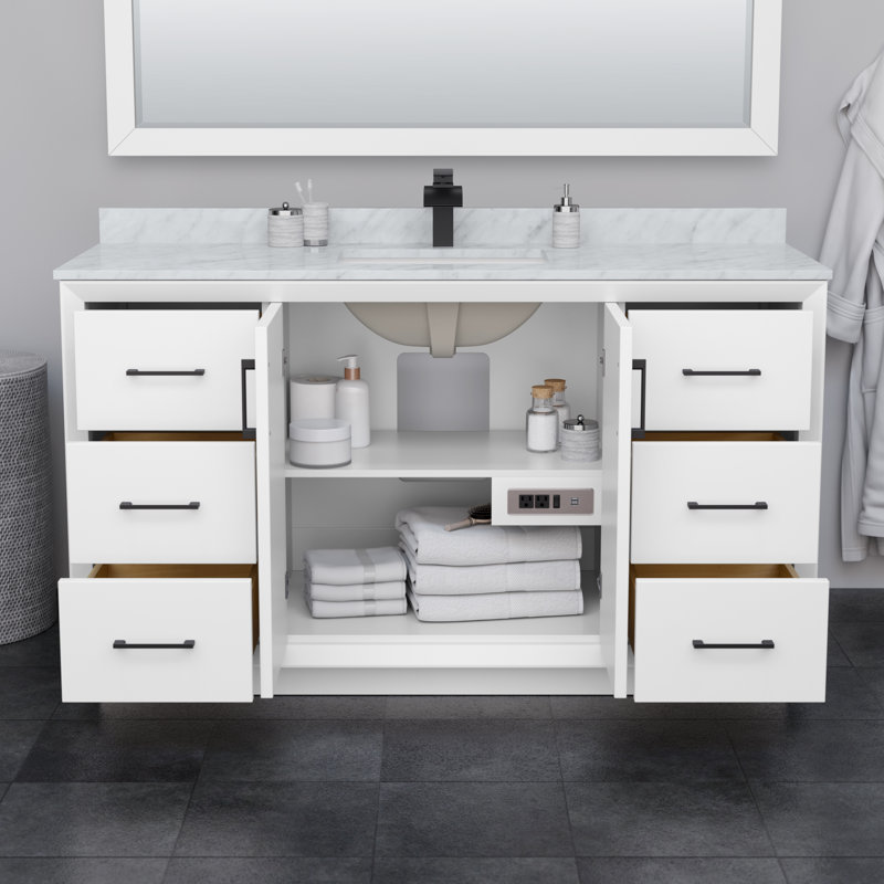 Ensemble de meuble-lavabo simple 60 po Strada, Noir mat, Blanc, Marbre de culture blanc