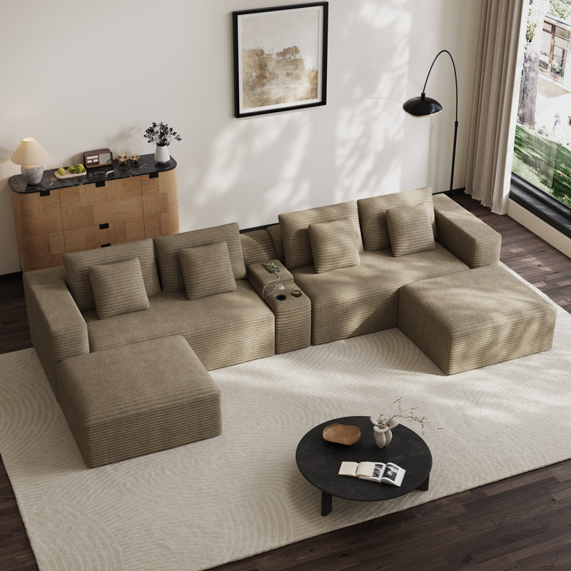 Canapé modulaire surdimensionné en velours côtelé avec console USB et porte-gobelets, Brown Chenille