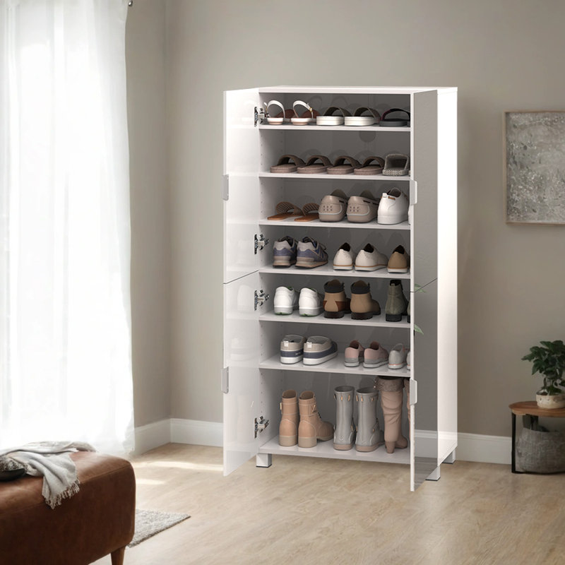 Large Shoe Storage Cabinet with Mirror & 4 Doors, 24.8"W x 13.2"D x 50"H, White