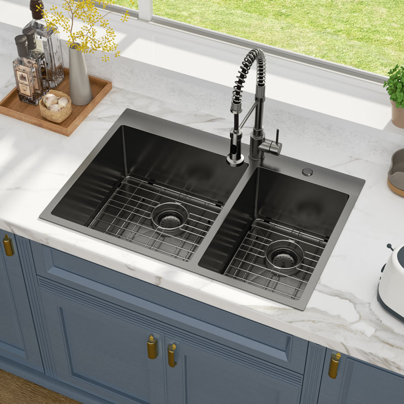 33" L x 22" W Drop-in Double Bowl 60/40 Sink 16 Gauge Stainless Steel Kitchen Sink Topmount Sink, Gunmetal Black