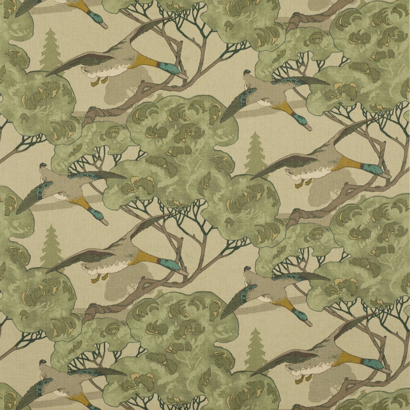 Icons Flying Ducks Performance Fabric, Emerald