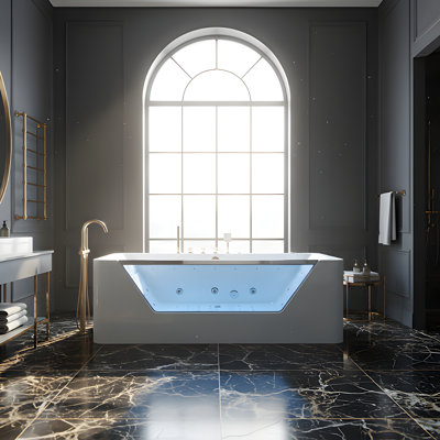 67" Whirlpool Rectangular Bathtub ,Hydrotherapy Jetted Bathtub with Glass Panel, 7 Jets,3-Side Apron,89 Gal. White