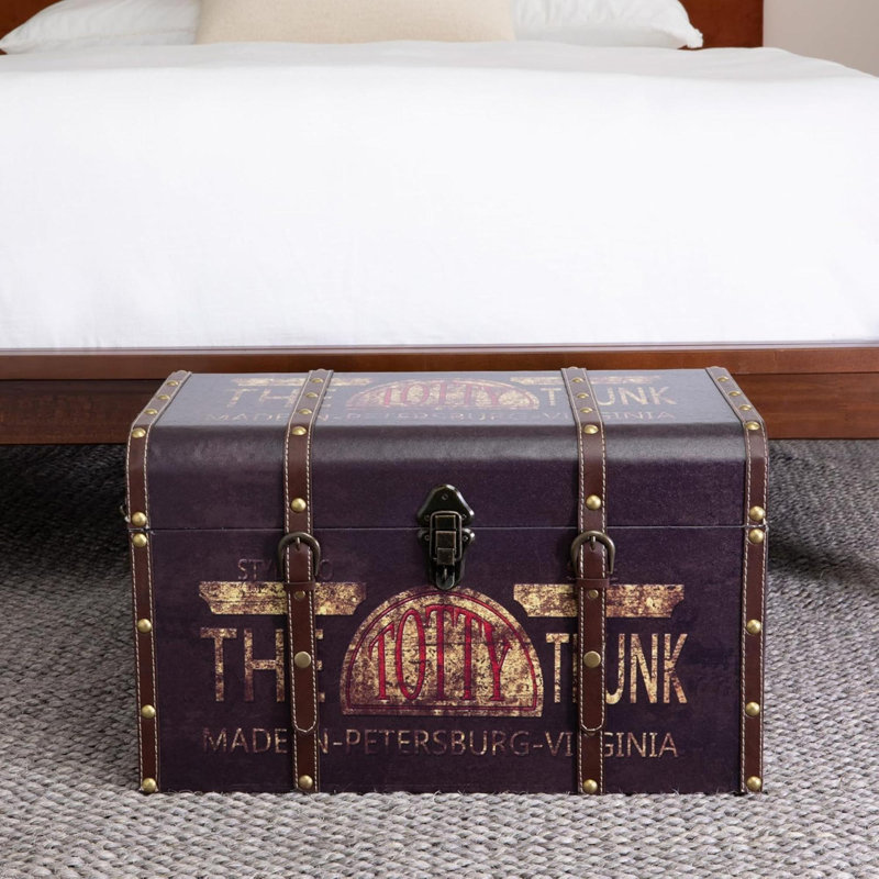Household Essentials Decorative Trunk Vintage Decoupage Metal Accents With Leather Strapping, Strong MDF Frame Clasps Shut And