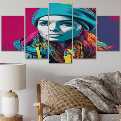 'Retro Pop Art Portrait Of Beautiful Young Woman II - Woman Pop Art Canvas Print - 5 Panels