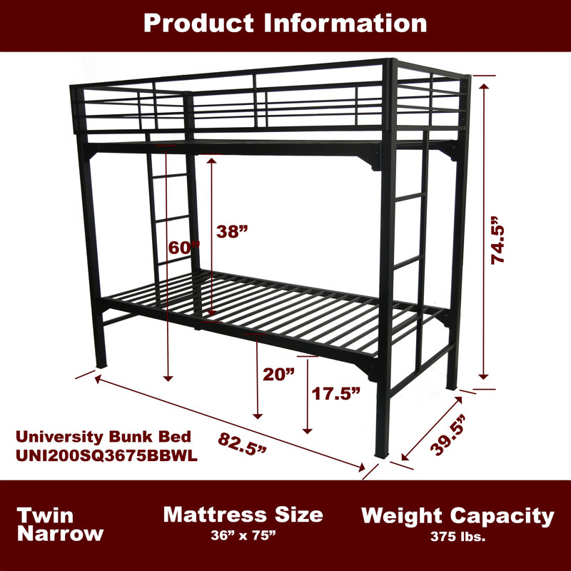 Assumpta University 2" Heavy Duty Steel Bunk Bed with Built-in Guardrails & Ladders, Military Narrow Over Military Narrow