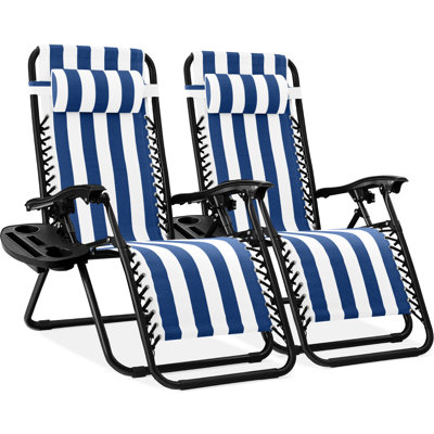  Set Of 2 Zero Gravity Lounge Chair Recliners For Patio, Pool W/ Cup Holder Tray - Blue Striped