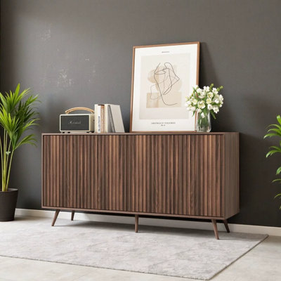 Walnut Modern Farmhouse Sideboard Buffet Cabinet with 4 Doors, 59.1" Long Storage Credenza with Adjustable Shelves for Living Room, Kitchen, Dining Room - Wood Console Coffee Bar Cabinet