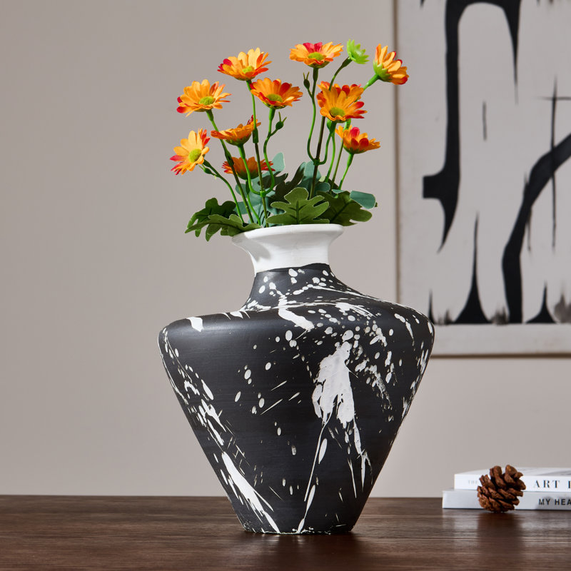 Irregular handcrafted ceramic tabletop vase, splash-ink pattern ceramic vase, ceramic textured decorative vase