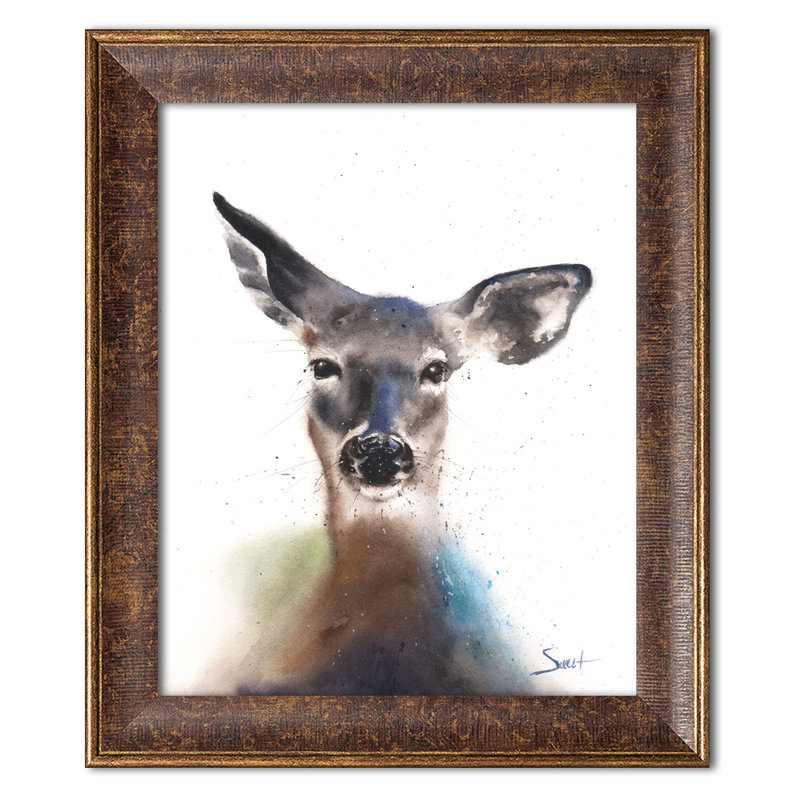 Aquarelle cerf, Papier avec cadre blanc, H 14 po x l 11 po x P 0,75 po