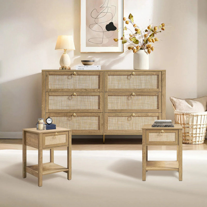 Boho Rattan 3 Piece Bedroom Set, 6-drawer Dresser And 1-drawer Nightstands, Cherry