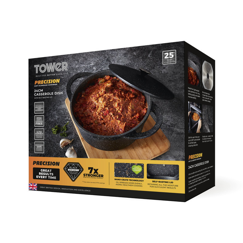 Tower Precision Casserole Dish with Aluminium Lid, Lightweight Cast Aluminium, 20 - 28cm, Black, 16.50" H x 33.80" W