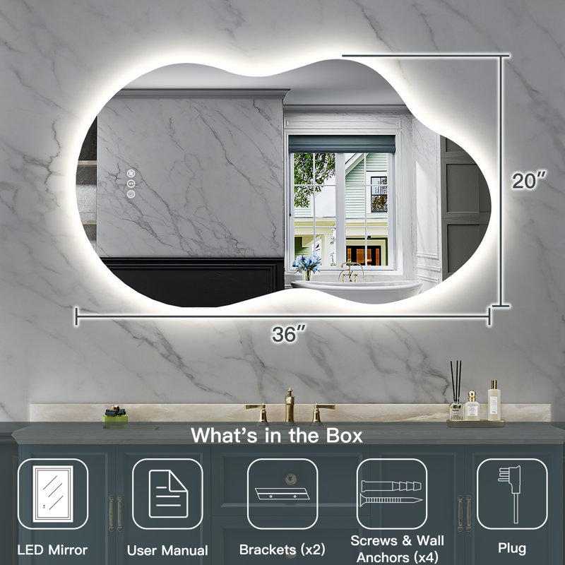 Cloud Shape Bathroom LED Mirror with Frontlit & Backlit, Anti Fog Lighted Vanity Mirror with Stepless Dimmable, ETL Listed, IP54 Waterproof, CRI90+, HD Tempered Glass