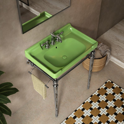 Lavabo de console de salle de bain en céramique 28 po, 3 espaces d'installation de robinet, support en acier inoxydable avec barre à serviettes, finition et trous de fixation de meuble-lavabo stables, tige amovible, apparence, surface à gratter