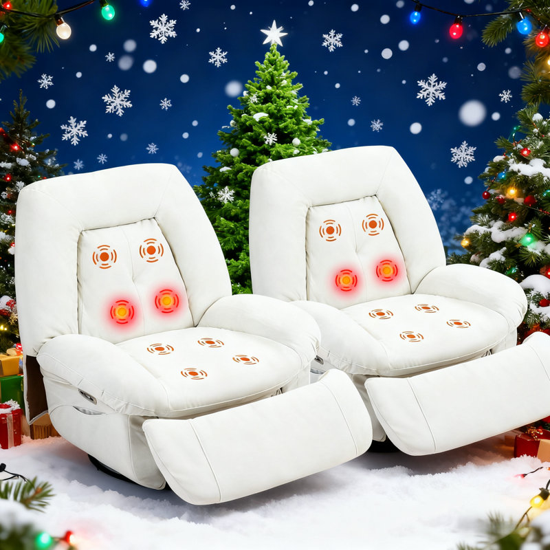 Swivel Rocker Recliner Chair Set Of 2, 360° Swivel Recliner With Heat And Massage, Rocker Recliner Nursery Glider Chair With Side Pockets For Living Room (white, Fabric)