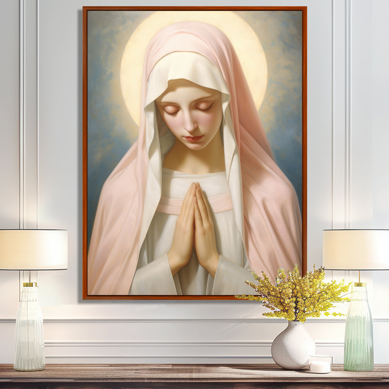 Sainte Marie pastel rose brillant Halo - Christianisme, art mural salon, Toile avec cadre flottant brun