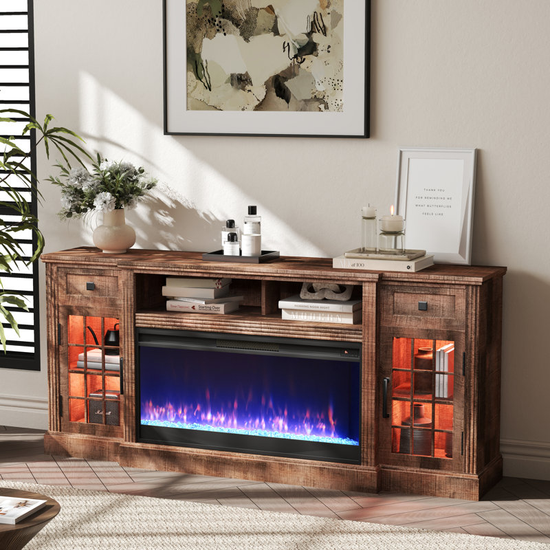Farmhouse  Fireplace Tv Stand  For Tvs Up To 80" With 36" Electric Fireplace, Large Highboy Entertainment Center With Led Lights, Glass Door Cabinet & Storage Drawer