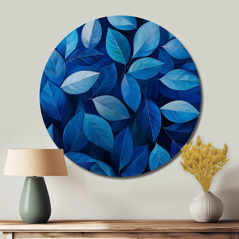 Décoration murale ronde en cobalt «Leaves In Moon Light Collage I» - feuilles, H 16 po x l 16 po
