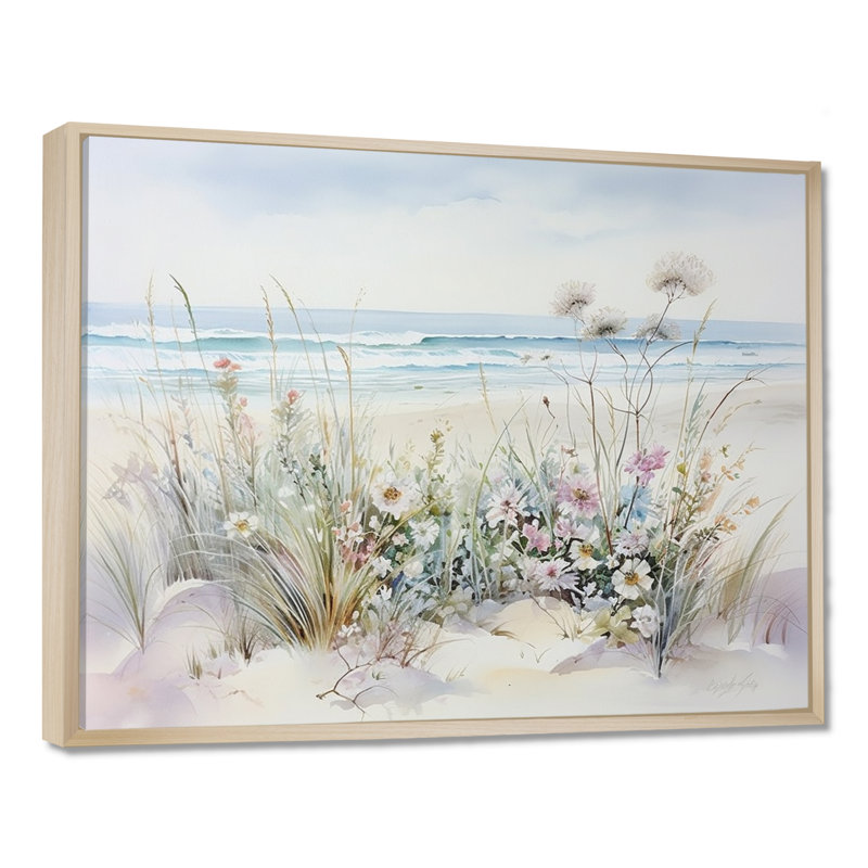 Fleurs sauvages sur la plage - Art mural fleurs sauvages, H 34 po x l 44 po, Reproduction avec cadre flottant, Naturel