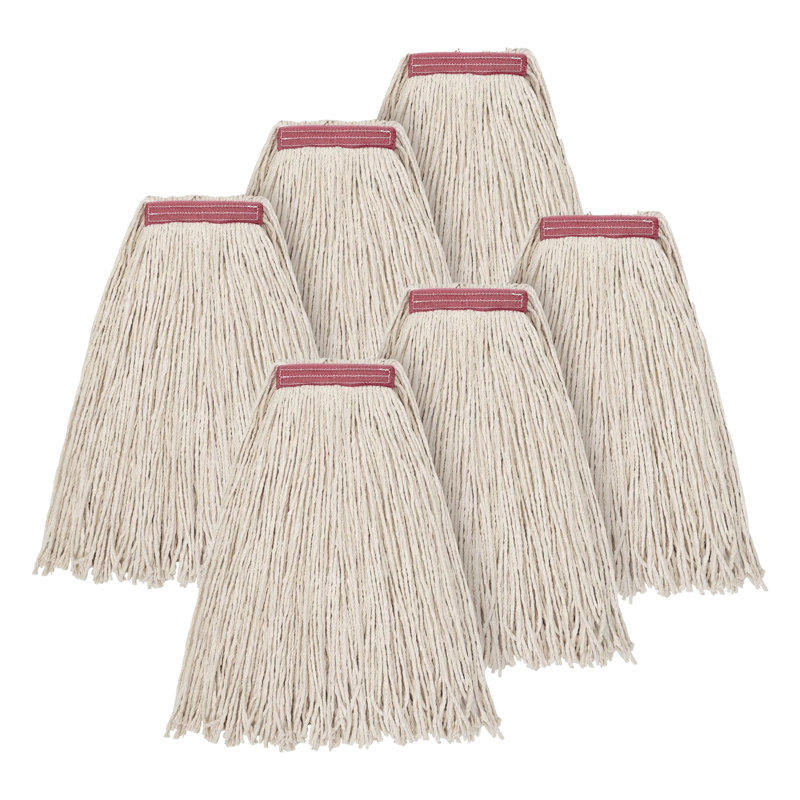Moptimistic 16Oz Cotton Floor Mop Head | Pack Of 6 | Red Color Band | Cut-End Cotton Mop Head Replacement | Durable & Economical | For Home, Industrial And Commercial Use