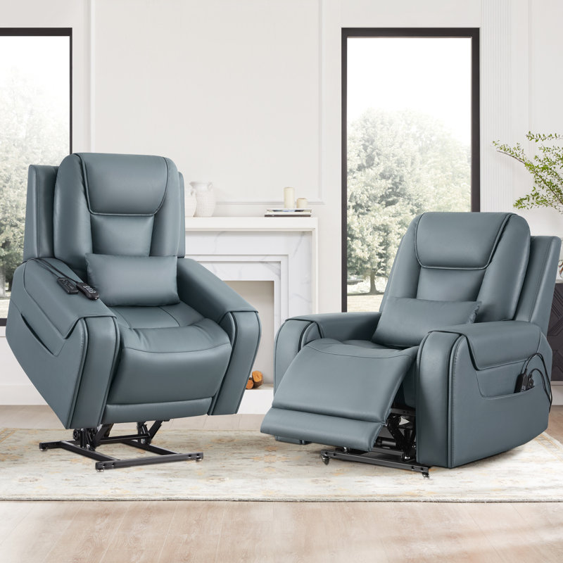 Carell Dual Motor Genuine Leather Power Lift Assist Massage Recliner, Navy