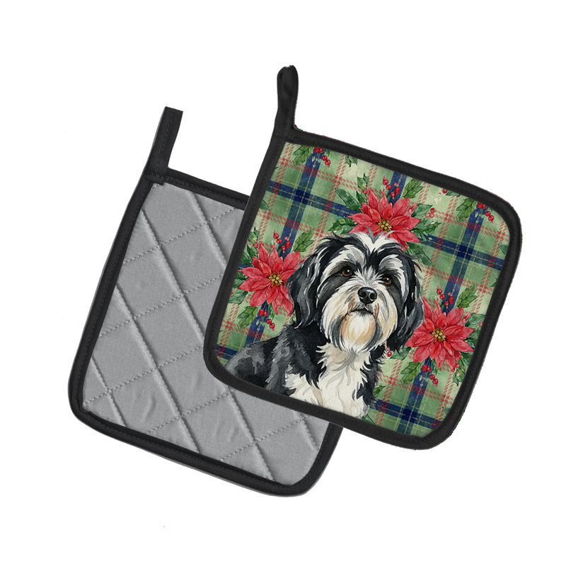 Paire de poignées de poinsettas de Noël terrier tibétain noir et blanc