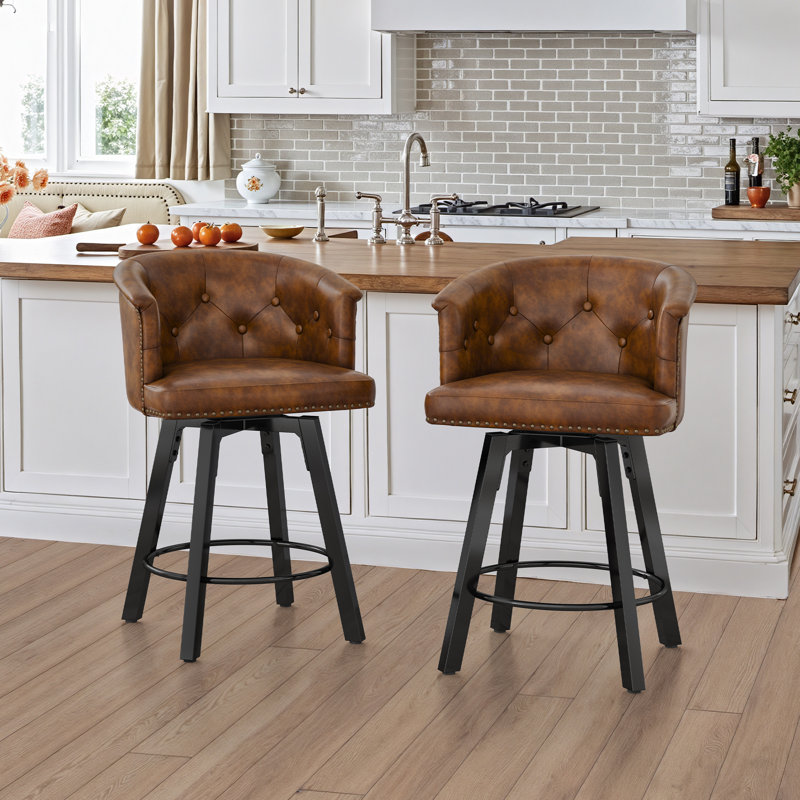 Swivel Upholstered Counter Stool With Metal Frame, Brown