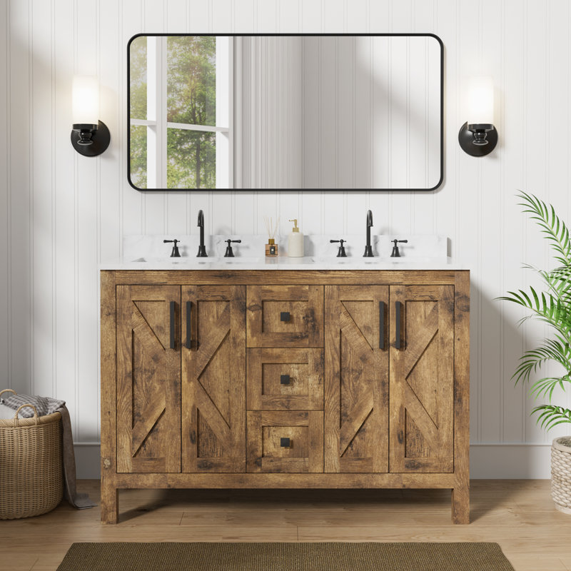 Linsay 48" Fully Assembled Rustic Brown Double Sink Bathroom Vanity with Engineered Stone Marble Top, Soft-Close Doors