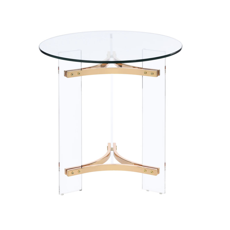 Table de bout exquise dorée avec design en verre trempé et en métal et acrylique intriguant