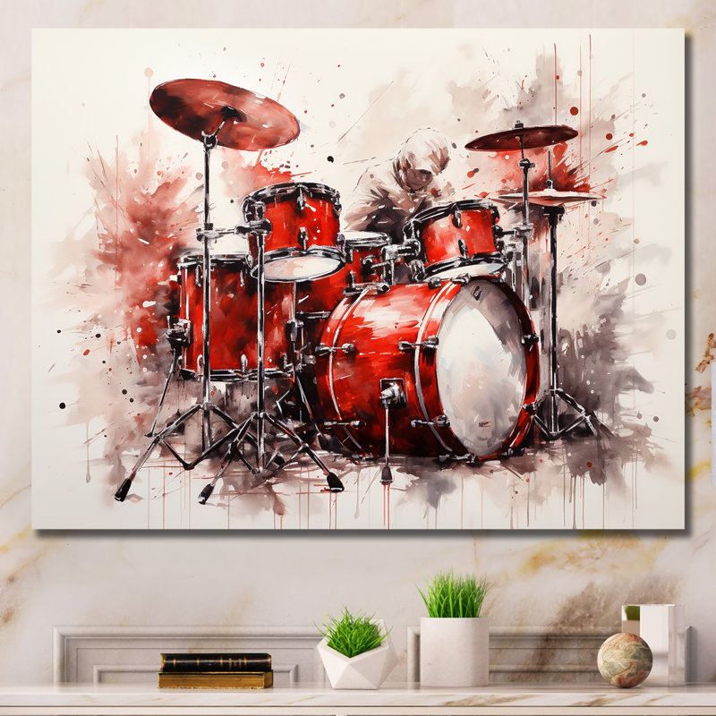 Music Drums Pulse Deep Red - Impressions encadrées musicales, Toile tendue, H 34 po x l 44 po x P 1,5 po