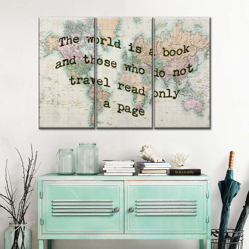 «Travel And Adventure Quotes World Is A Book», ensemble de 3 pièces sur toile, H 20 po x l 33 po x P 1,25 po